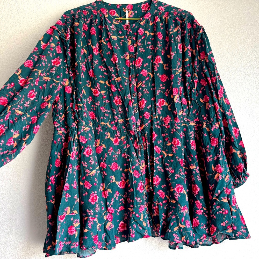 Free People Flower Fields Mini Dress Emerald Button Front Tie Ruffle Boho Sz: S